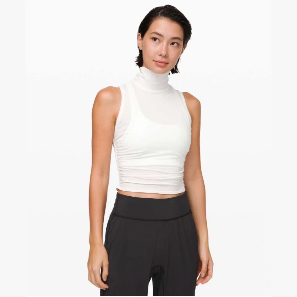 LULULEMON ATHLETICA See The Horizon Tank Turtleneck Rushed Sides Sheer Crop - Picture 1 of 7